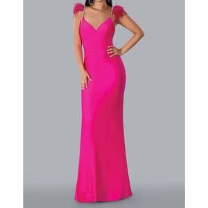 NEW STELLA COUTURE feathered rhinestone shoulder formal gown in fuchia